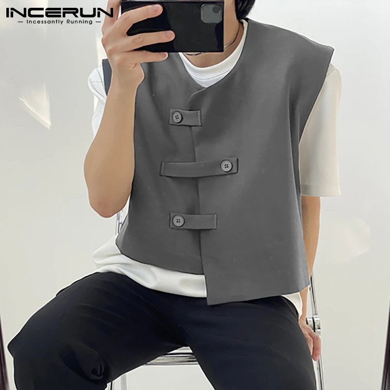 2022 Fashion Men Vests Irregular Button Up Streetwear Sleeveless Casual Personality Waistcoats Solid Color Men Coats 5XL INCERUN