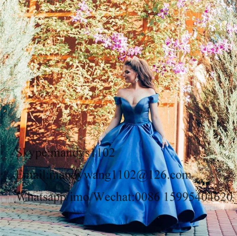 Puffy Royal Blue Prom Dresses Long 2020 Sexy Off Shoulder Evening Party Gowns For Women Shining Beading Crystal robe de soiree | Свадьбы и
