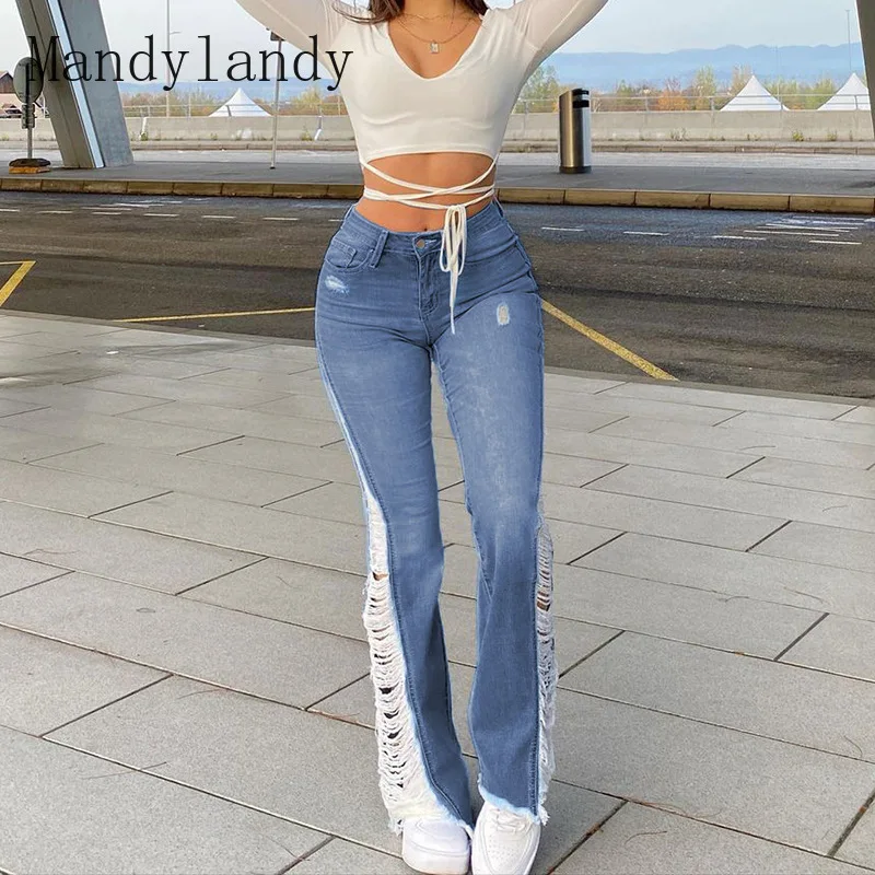 

Mandylandy Jeans Autumn Button High Waist Pocket Hollow Out Denim Flare Pants Women's Casual Solid Color Slim Ripped Jeans