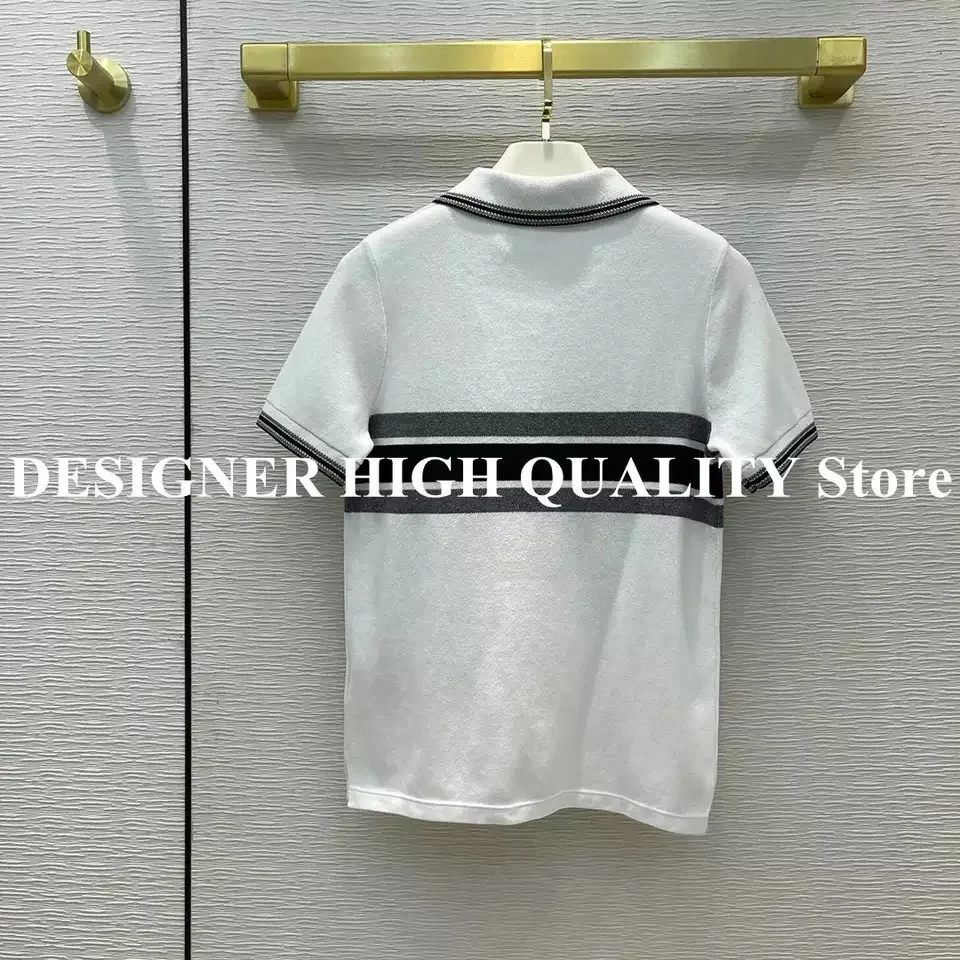 

2021 New Summer Turn-down Collar Buttons Stripes Patchwork Wool Blends Knitting T-shirts for Women Casual Tops Tee