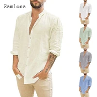 samlona 2021 single breasted men elegant leisure blouse solid long sleeve casual linen shirt blusas homme ropa sexy man clothing