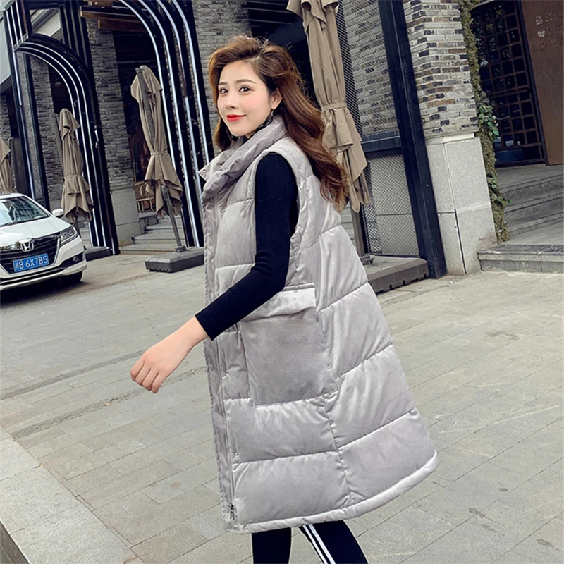 Зимний Золотой бархатный Длинный жилет Женский Повседневный теплый осенний с