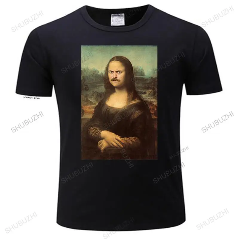 

Funny Mona Ron Swanson T Shirt Casual Short Sleeve Cotton O-Neck Tops Tee Fun Mona Lisa fashion T-Shirts Loose Clothes Gift