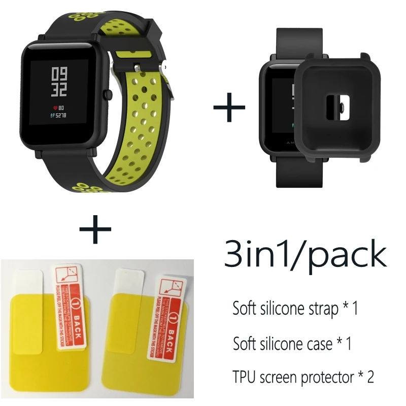 Black yellow-Black 3в1 Для Xiao mi Hua mi Amazfit Bit ремешок BIP PACE Lite Молодежные умные часы mi Fit braceket+ силиконовые полосы+ мягкий чехол+ 2 пленки для экрана - Цвет: Black yellow-Black