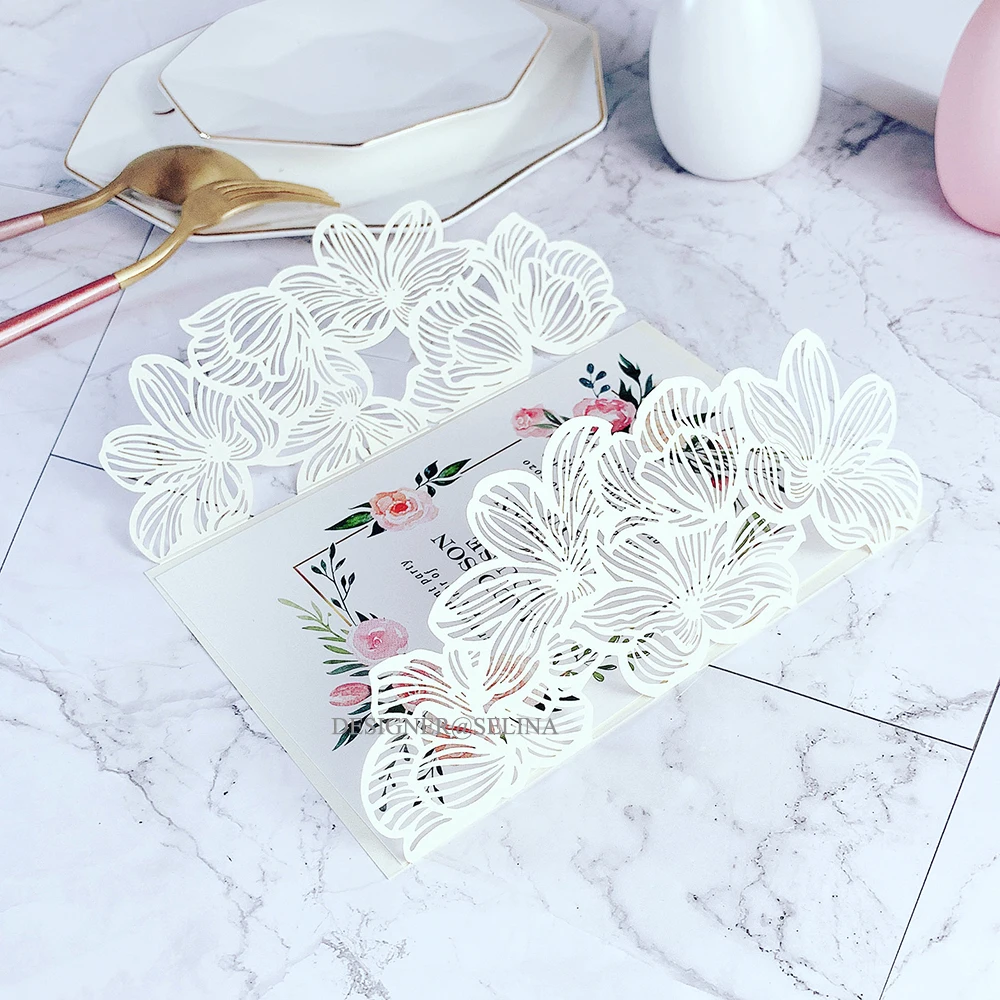 50 шт слоновой кости Блестящий лепесток лазерная резка свадебные приглашения с