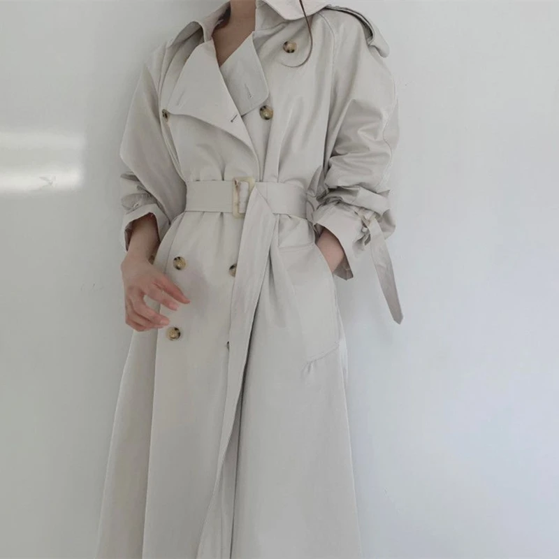 

New Spring Autumn Casual Women LongTrench Coat Double Breasted With Belt Loose Coat Office Lady Outerwear Fashion