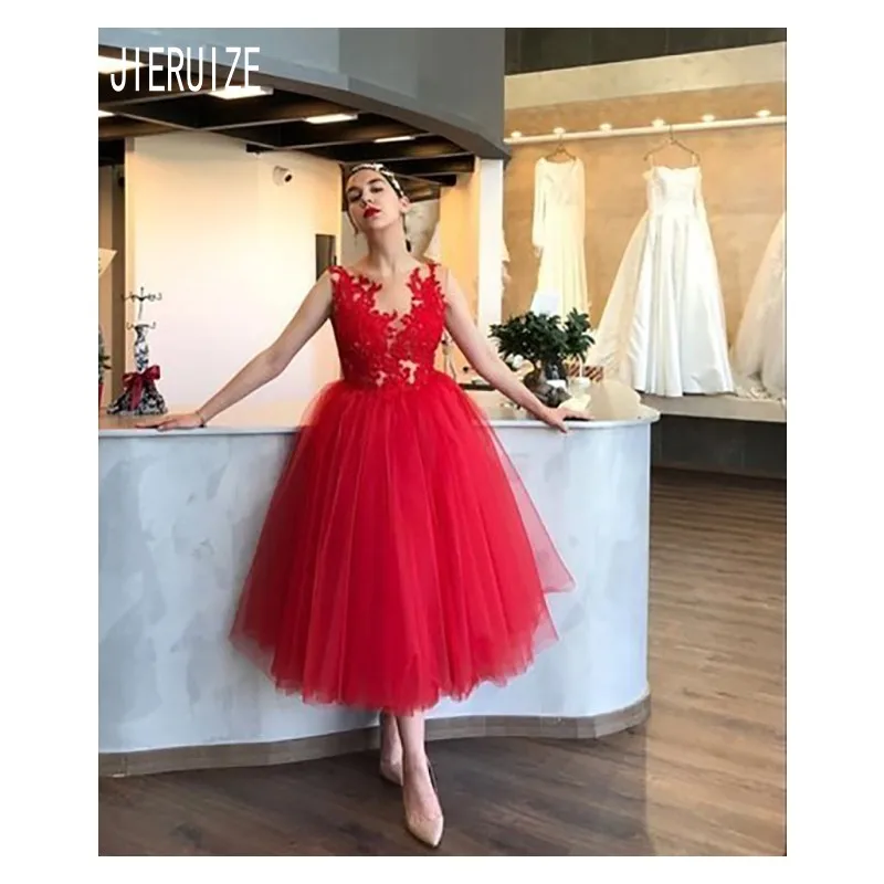

JIERUIZE Красные Короткие платья для выпускного вечера с круглым вырезом на молнии сзади Кружевная аппликация тюлевые вечерние платья