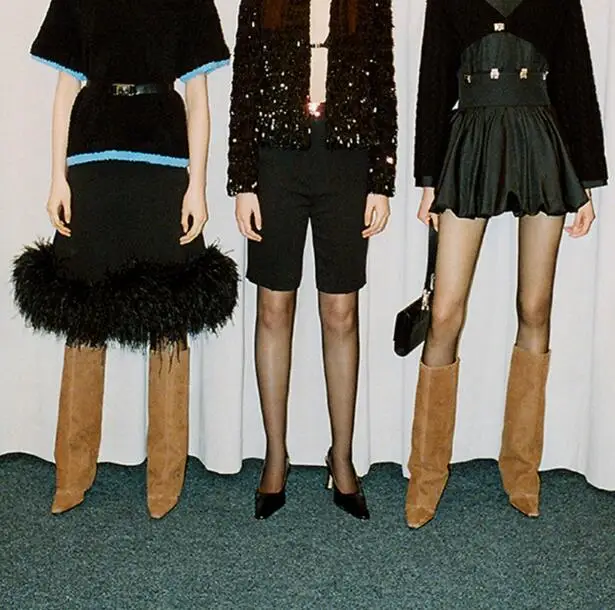 Fashion Woman Black Khaki Solid Color Suede Fold Knee High Frosted Trouser Boots Female Square Toe Tube Slip On Slim Long Botas