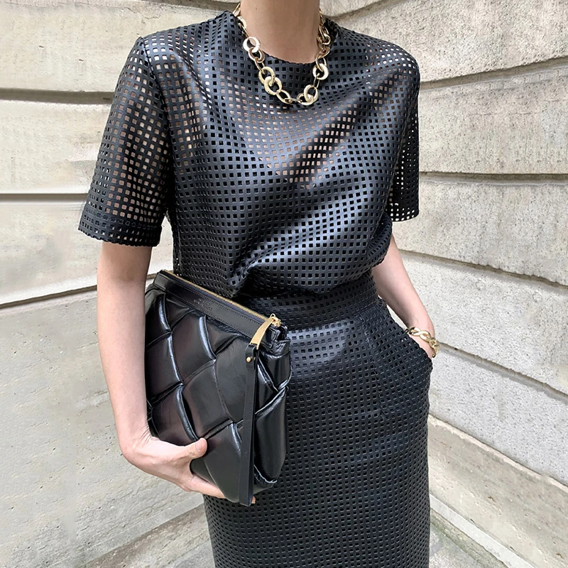 

Summer Office Lady Skirt Suits Women Two Piece Outfits Short Sleeve Hollow Out Leather Top + High Waist Long Skirt 2 Piece Set