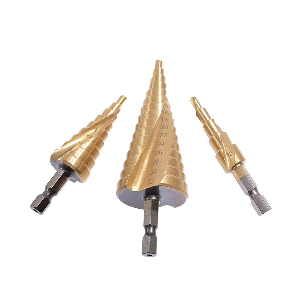 

Hot 4-12/20/32mm Step Drill Bit Hss Titanium Coated Step Cone Metal Hole Cutter Metal Hex Tapered Drill Power Tools Accessories