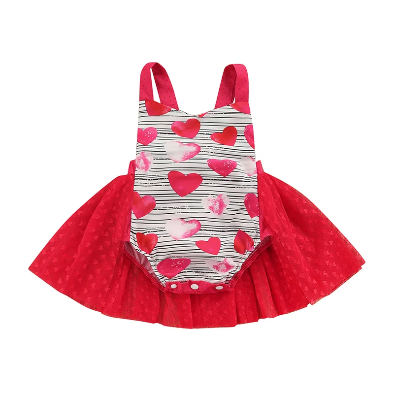 

2022 Fashion Baby Girl's Romper, Heart Pattern Sleeveless Backless Bandage Patchwork Tulle Bodysuit For Valentine's Day Party