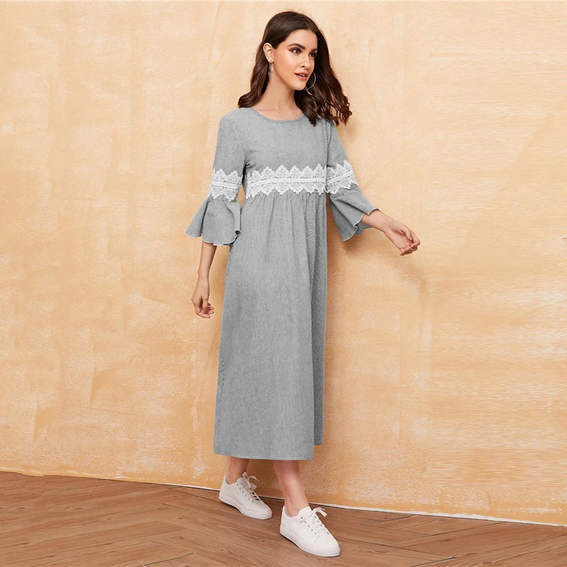 Dotfashion/повседневное кружевное платье с аппликацией, рукав-волан, женское платье, осень, 3/4, рукав А, ТРАПЕЦИЕВИДНОЕ ПЛАТЬЕ, женское платье в полоску с принтом Макси