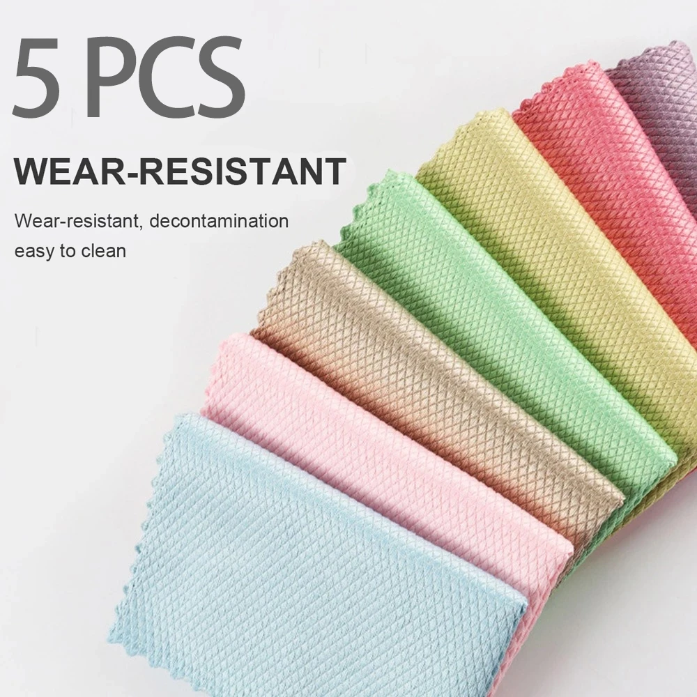 

5Pcs Kitchen Anti-Grease Wiping Rags Efficient Fish Scale Wipe Cloth Cleaning Cloth Home Washing Dish Cleaning Towel