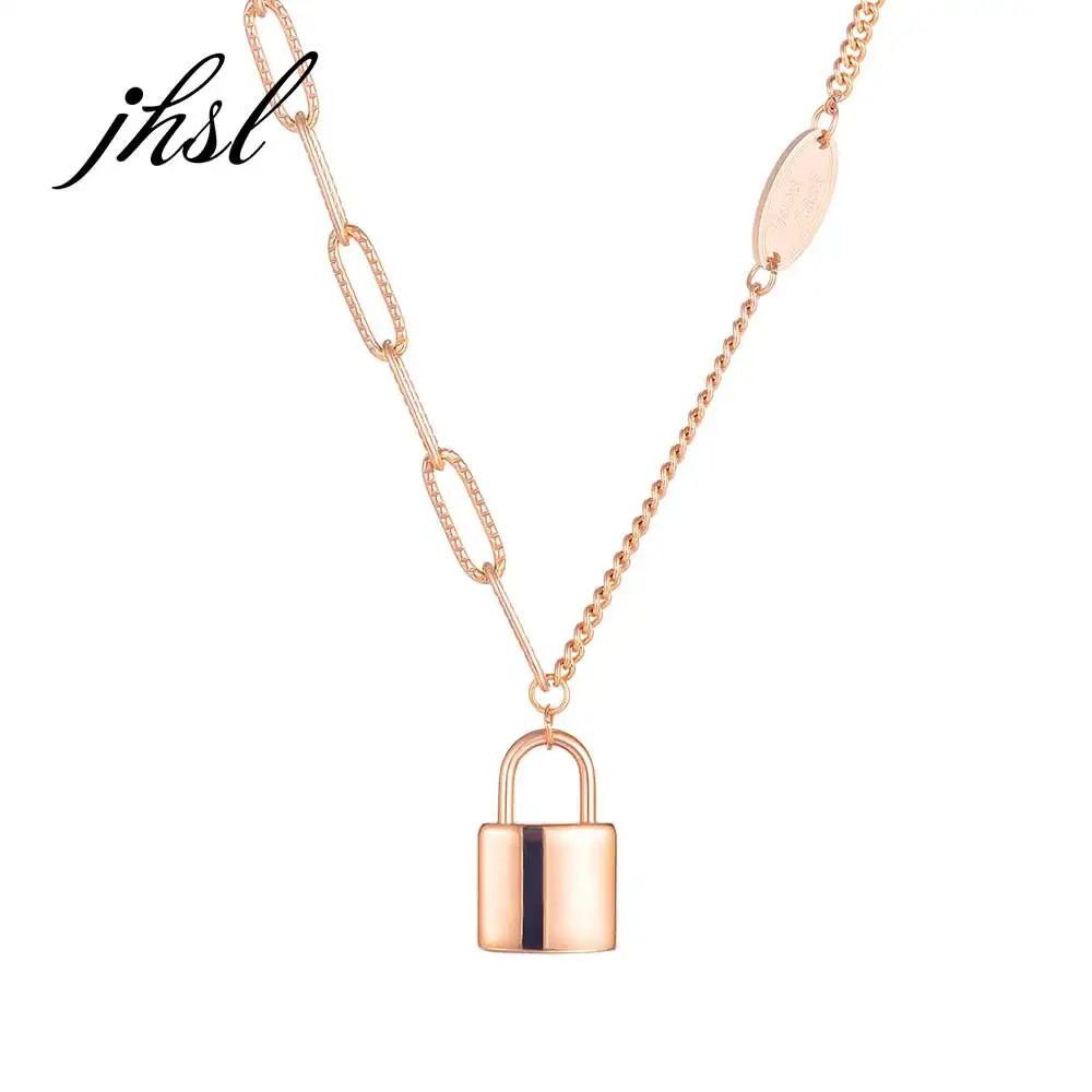 

JHSL Cute Lady Girls Women Necklaces Lock Pendants Golden Rose Gold Color Stainless Steel Fashion Jewelry Gift wholesale bulk