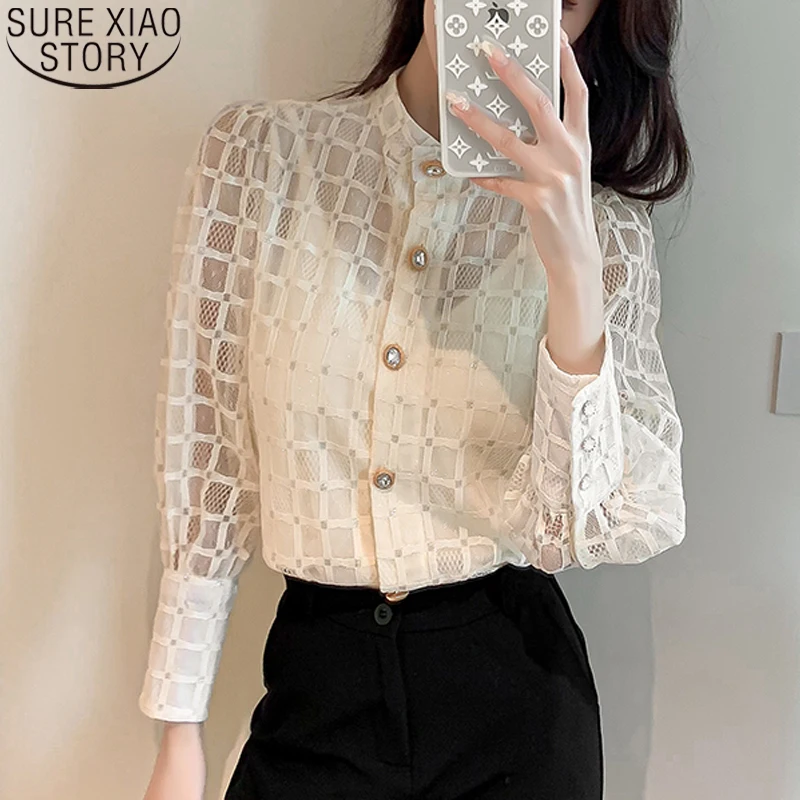 

Mesh Lace Shirt Women French Style Spring Blouse 2021 New Fashion Stand Collar Long Sleeve Button Bottoming Shirt Clothing 12957