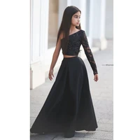black lace appliques two pieces flower girl dresses 2016 one shoulder one long sleeve pageant girl dresses kids evening gowns