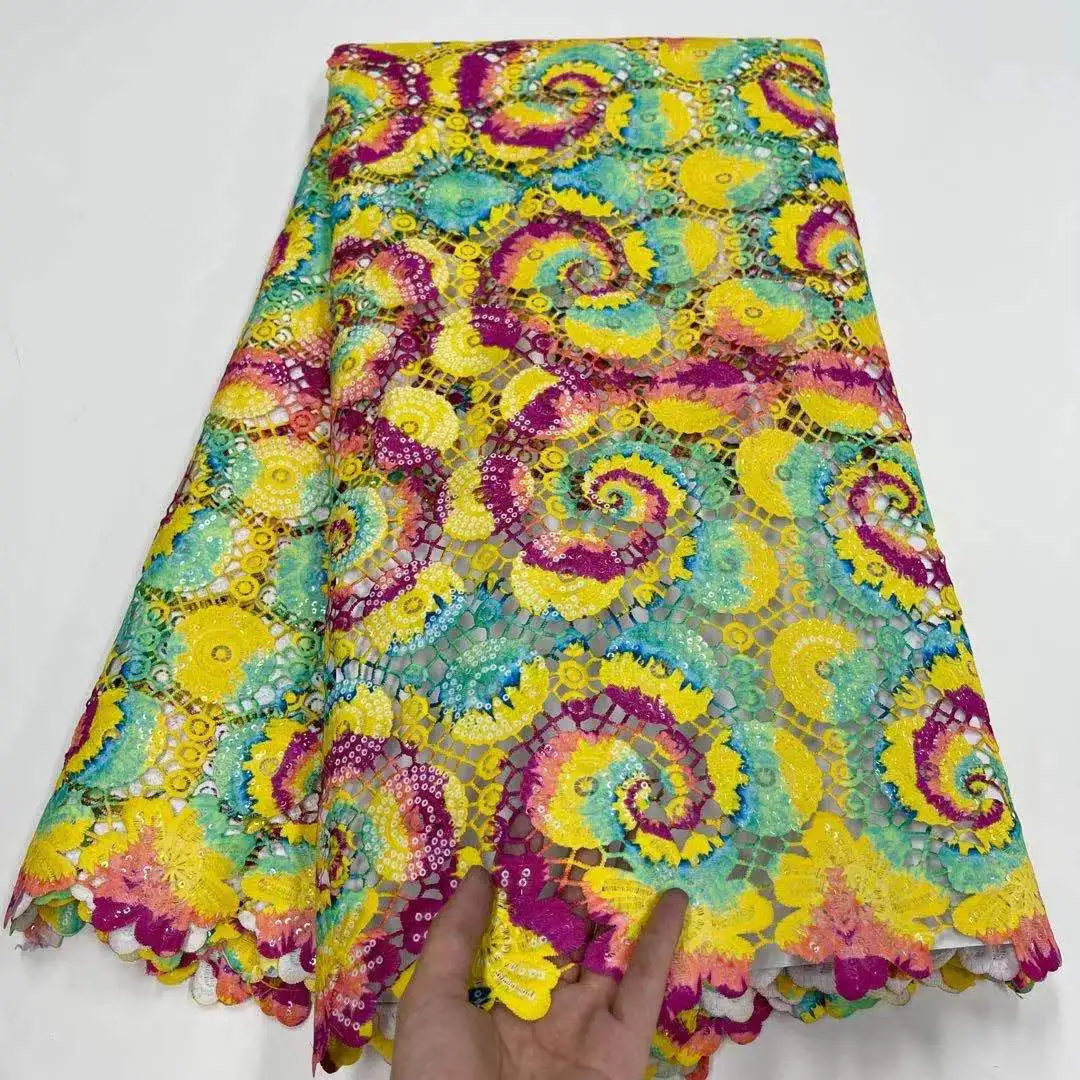 

Beautiful African Lace Fabric New Design Guipure Cord Lace Fabric High Quality Nigerian Mesh Tulle Lace Fabric For Wedding JYS30