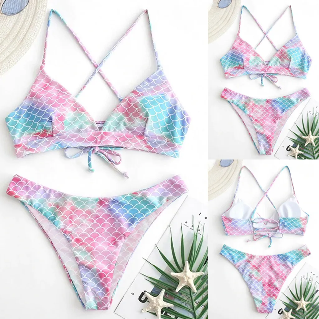 JAYCOSIN Gradient Color Strap Swimwear Women Split Bikini Swimsuit Suit Beach Bath Fish Scale Print Fashion Sweet Simple | Женская