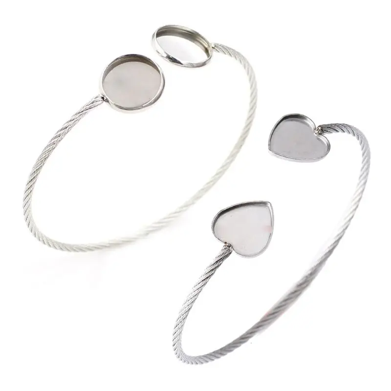 

Stainless Steel Round Heart Cabochon Blank Bezels Setting Cuff Bangle Bracelets