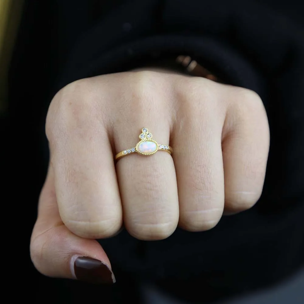 

Fashion New styles opal ring with gold color plated cz paved tiny band finger crown ring jewelry for women wedding jewelry bulk
