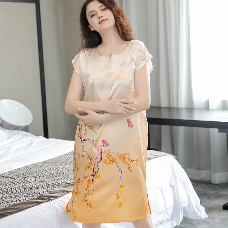 Ladies Hangzhou Real Silk Robe Nightgown for Women Printed Bedgown Dress 2022 Sleepwear Natural Silk Nightdress Robes Large Size