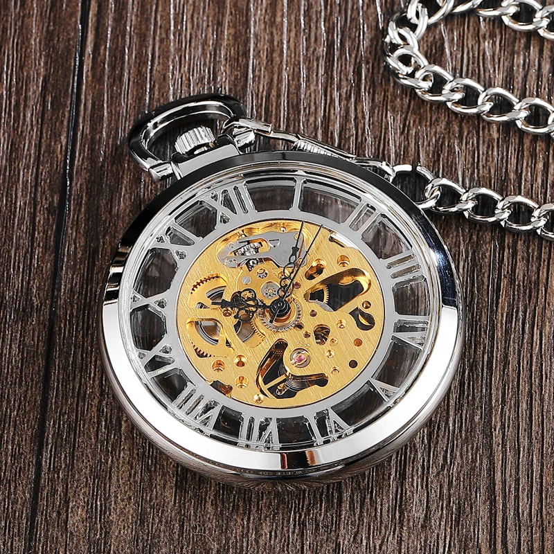 

Steampunk Mechanical Pocket Fob Watch Pendent Chain Skeleton Transparent Hollow Metal Vintage Pocket Clock Men Relogio De Bolso