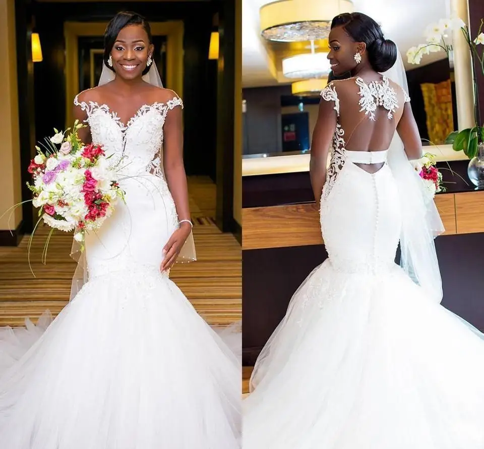 

New Arrival African Mermaid Wedding Dresses Illusion Backless Applique Lace Court Train Mermaid Bridal Dress Wed Gowns Plus Size