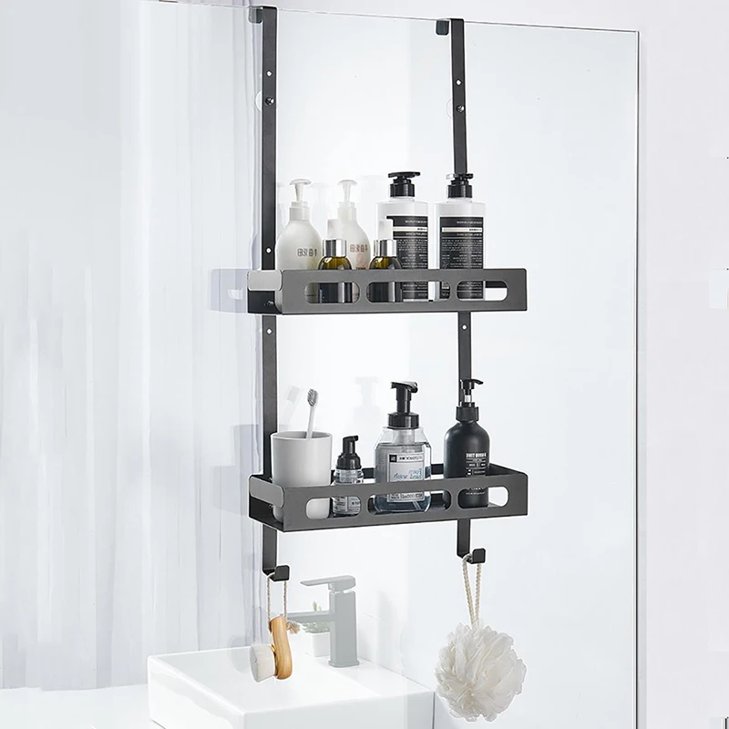 

2 уровня, черные подвесные полки для ванны, полка для ванной, органайзер, держатель для шампуня без гвоздей, полка для хранения, полка, держат...