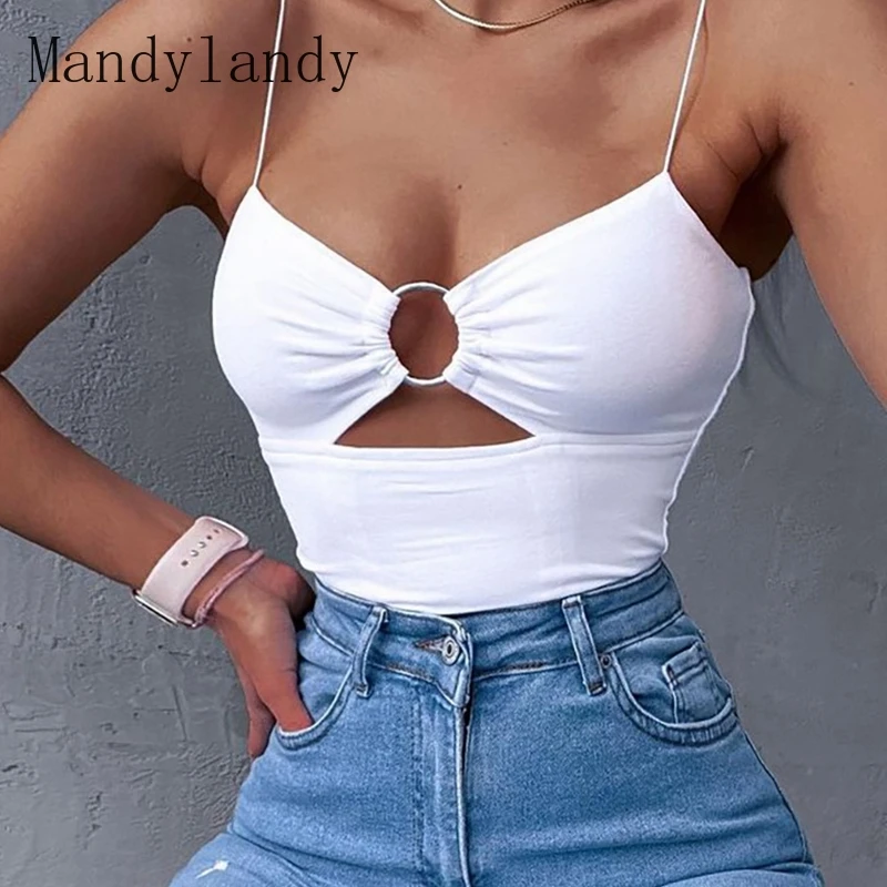 

Mandylandy Sexy Camis Women Sleeveless Low Cut V-neck Tops Tees Slim Fits White Suspender Hollow-out Tank Tops Summer Club Wear