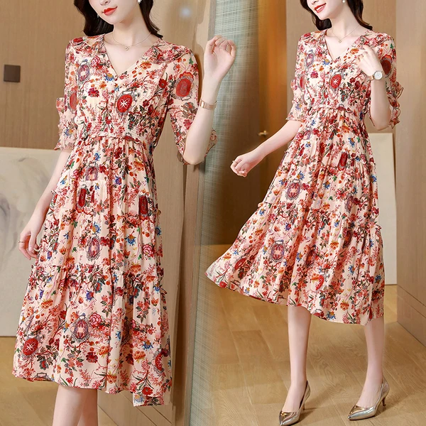 

Summer Sweet Print Floral Chiffon Midi Dress Women Retro V Neck Elegant Short Sleeve Elastic Waist Casual Party Dresses Femme