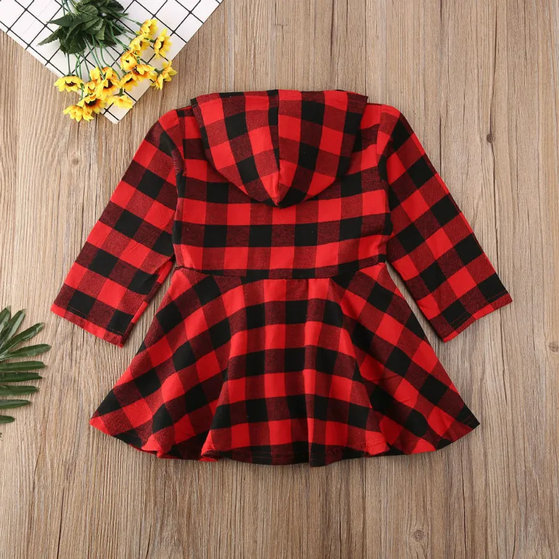 

Fashion Christmas Toddler Infant Baby Girl Xmas Clothes Button Long Sleeve Plaid Hoodied Casual Autumn Dress