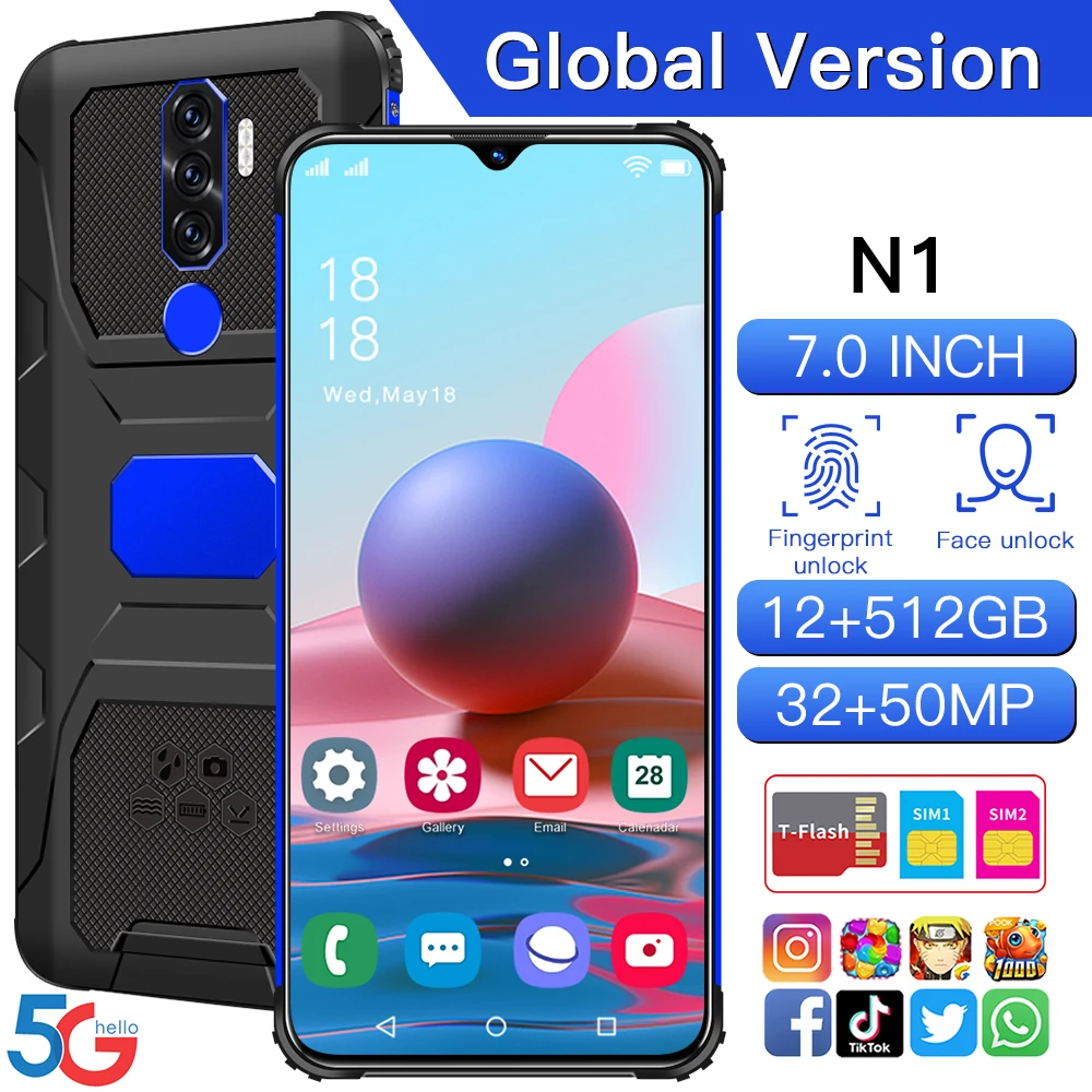

Smart Phone N1 7.0 Inch 16+512GB 6800mAh 32+50MP Fingerprint Face Unlock Mobile Phone Qualcomm 888 Dual SIM 5G LTE Smart Phone