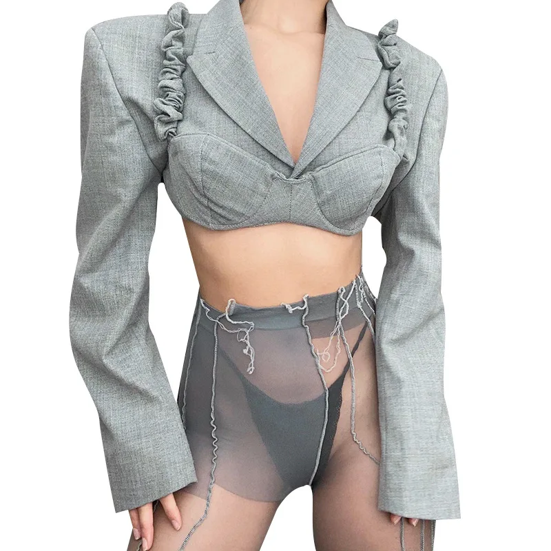 

European Shoulder pads short V-neck small suit pleated sling fashion light mature sexy two-piece female tide For Women Clothing