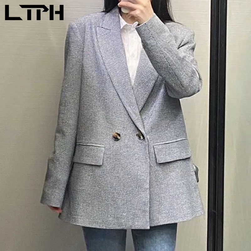 LTPH-chaquetas a cuadros estilo vintage americano para mujer, abrigos holgados de manga larga con doble botonadura, primavera 2021