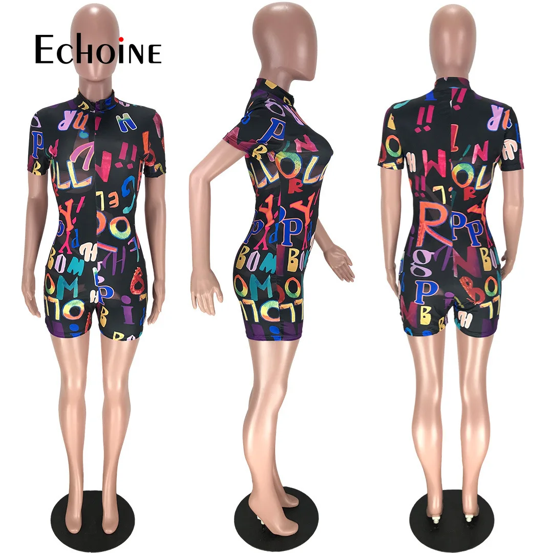 

Echoine Women Summer Letter Printed Fitness Playsuit Sport Beach Sexy V-neck Jumpsuit One Piece Bodycon Short Playsuits Overalls