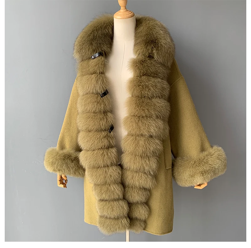 MAOMAOFUR кашемировое шерстяное пальто для женщин, длинный стиль, длинные рукава, воротник из натурального Лисьего меха, Полоска, пиджак с манжетами, Женское шерстяное пальто