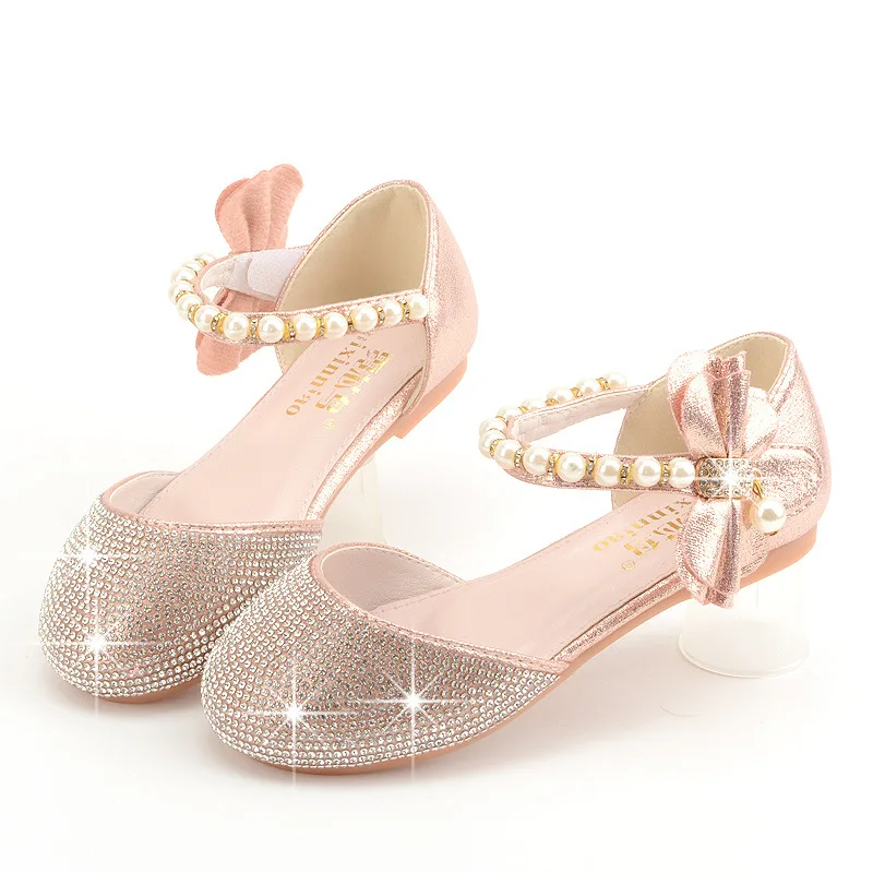 

Girls Leather Shoes Glitter New Brand Flat Heels Children Princess Sandals Dance Kids Fashion Wedding Party Shoes with Pearl