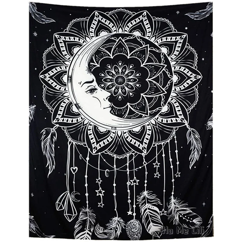 

Black And White Mandala Psychedelic Moon Star By Ho Me Lili Tapestry Feather Wall Hanging For Home Decor