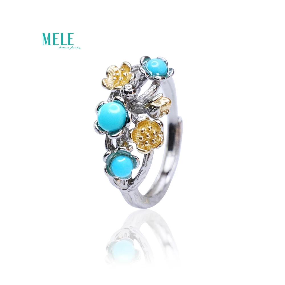 

Натуральное бирюзовое Открытое кольцо с цветком из серебра 925 пробы, Восстановленное древние способы, Раздельный цвет, модное цветочное кол...