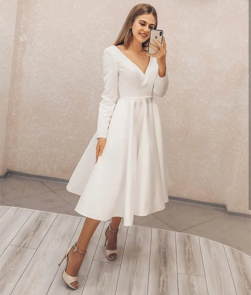 

Short Wedding Dress 2021 A-Line Long Sleeve V-Neck Simple Boho Vintage For Women Robe De Mariee Bridal Gowns