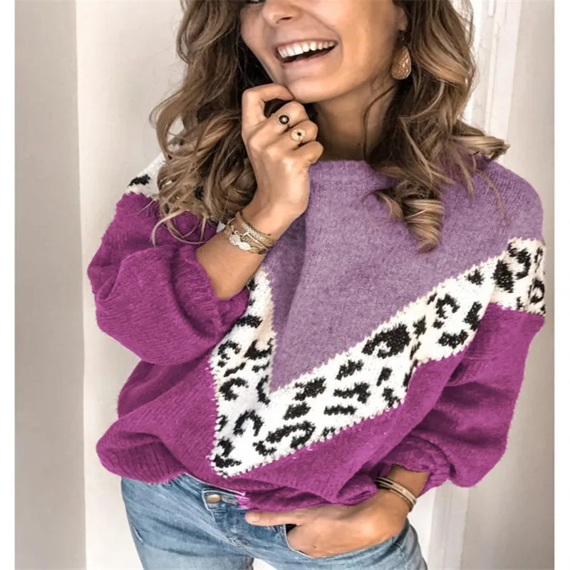 Fashion Women's Long Sleeve Autumn Winter Warm Leopard Knitted Sweater Jumper Pullover Casual Loose Tops | Женская одежда