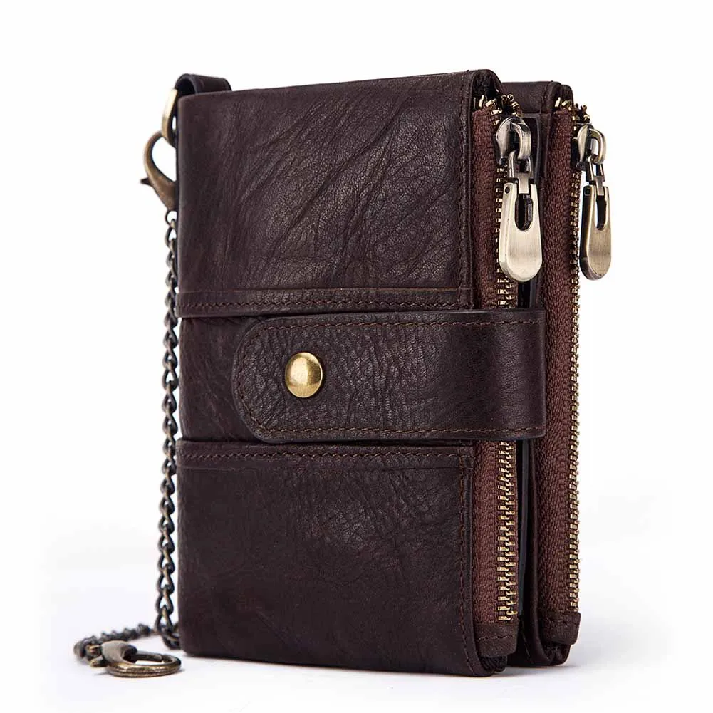 

High Quality Men's Short Leather Wallet Anti-magnetic RFID Double Zipper Multi-function Coin Bag