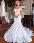Кружевное свадебное платье-Русалка с рукавами-крылышками, свадебные платья с открытыми плечами и открытой спиной, платья невесты с аппликацией