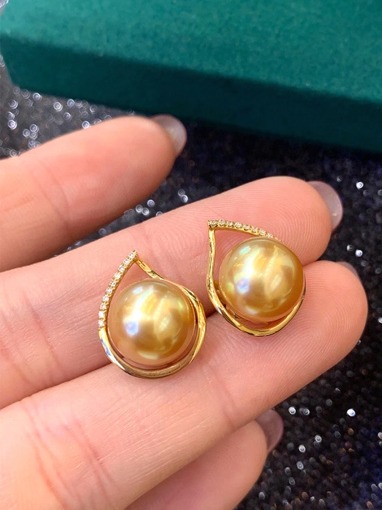 

KUGG 18k Yellow Gold Women Earrings 10-11mm Natural South Sea Gold Pearl Earrings Handmade Jewelry Trendy Fashion Party Gift