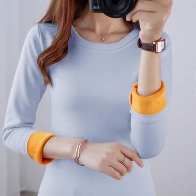 O-neck Blue Размера плюс M-4XL теплая дутая куртка золото бархатные Нижние рубашки Для женщин Зимняя кофта с длинными рукавами и высоким воротником Термальность формирующее белье боди, пижамный комплект - Цвет: O-neck Blue
