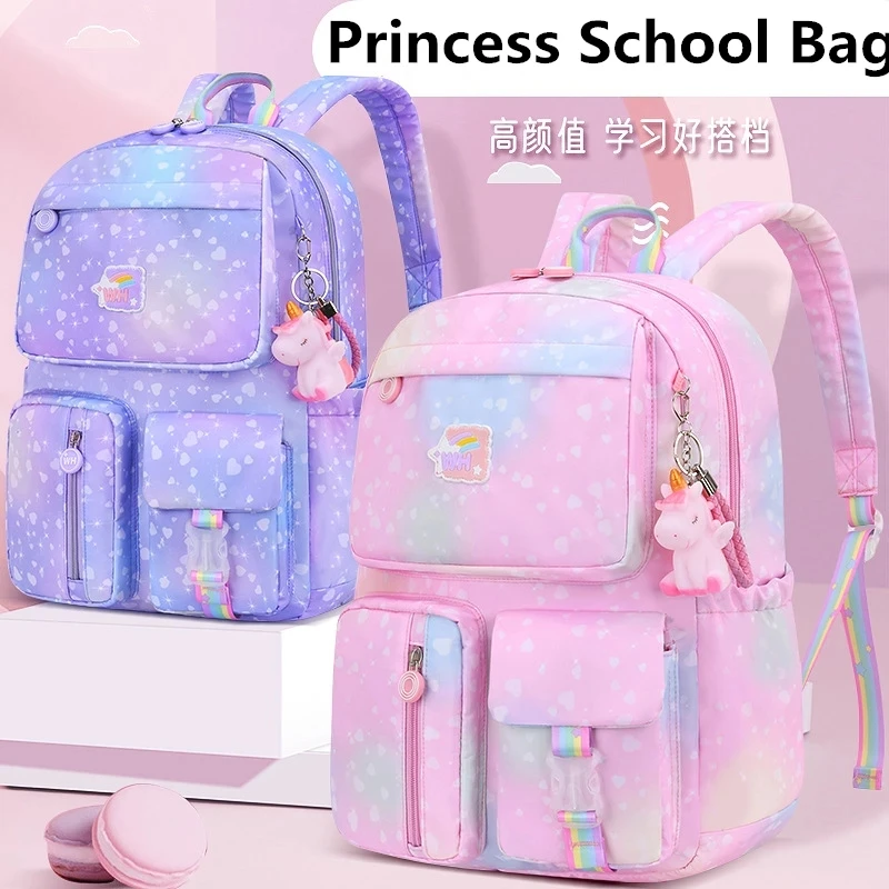 Waterproof Schoolbag with Cartoon Pendant for Children Girls Princess School Bag Cute Primary Students School Backpack Mochila