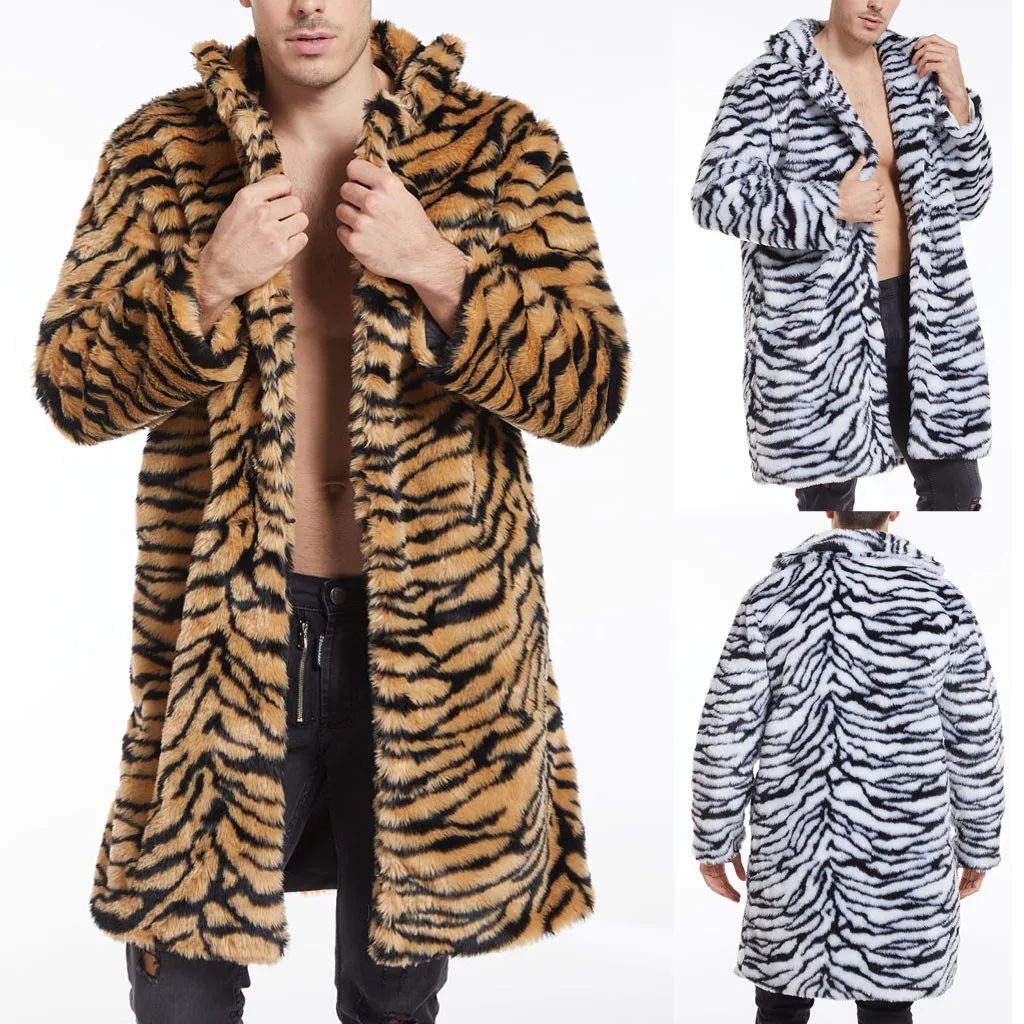 

Men Leopard Winter Warm Coat Vogue Outdoor Woolen Faux-Fur Coat Collar OverCoat Winter Pop high-neck Warm Coat куртки