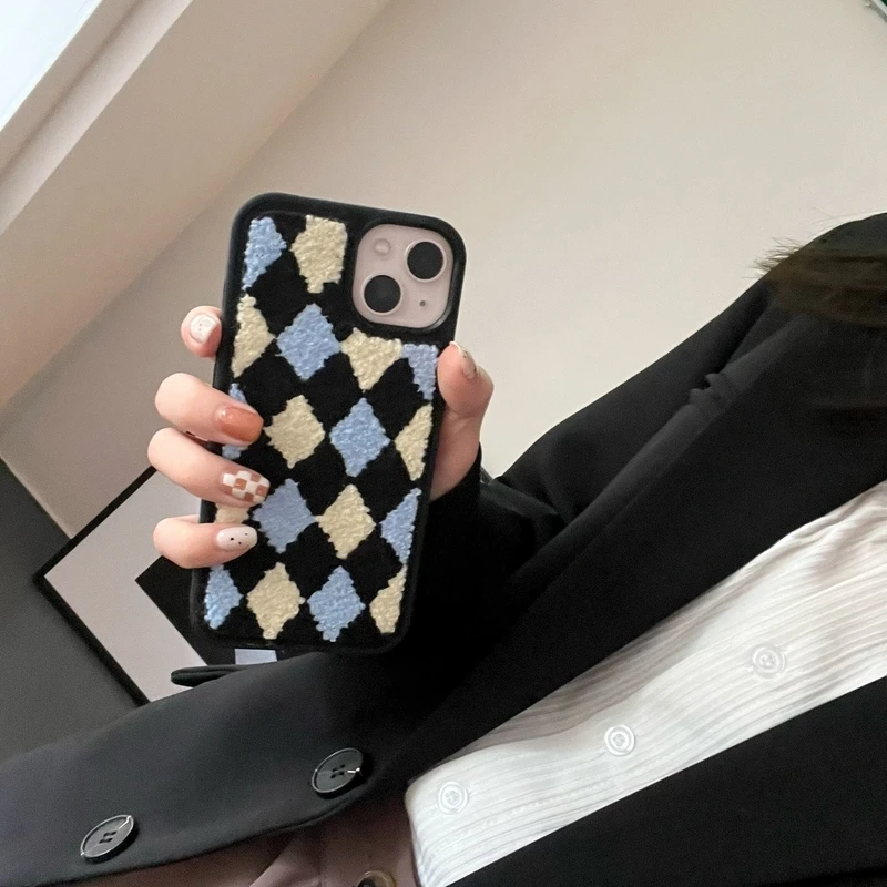 

Korean Cute Fuzzy Plush Lattice Phone Case For iPhone 11 12 13 Pro XS Max X XR 7 8 Plus SE Winter Soft Shockproof Back Cover