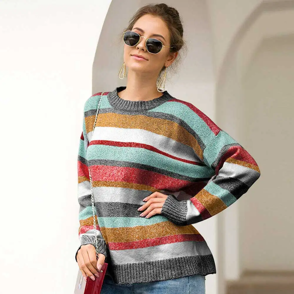 

2019 Autumn Winter Women Striped Knitted Sweater Long Sleeve Loose O Neck Casual Pullover Sweaters Female Oversized Jumpers Tops