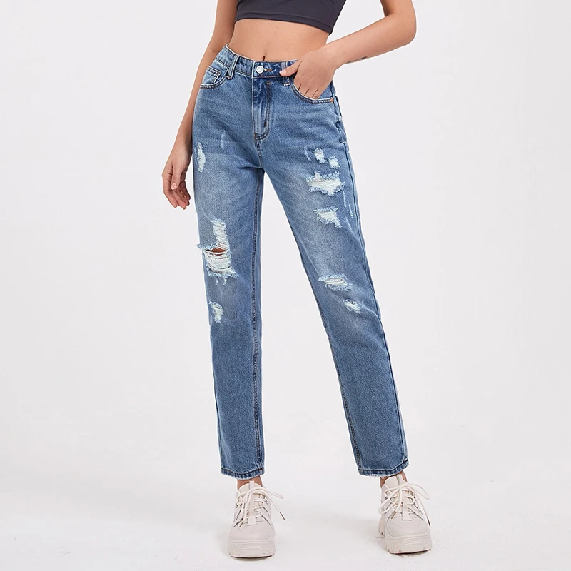 

DenimColab 2021 Hight Waist Hole Washed Straight Pants Jeans Women Casual Loose Ripped Jeans Ladies 100% Cotton Trousers Cowboy